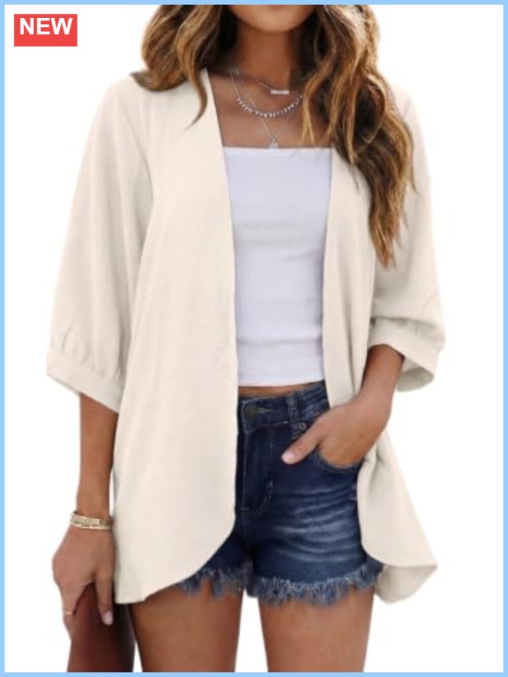 Womens Lightweight 3/4 Sleeve Open Front Cardigan Kimono Cover Up Pockets